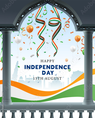 15th august happy 79th independence day creative illustration with ribbons, confetti and balloons