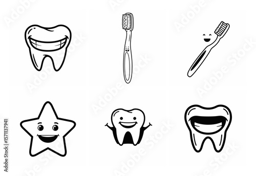 Collection of cartoon teeth toothbrushes and star silhouette