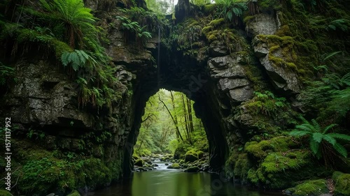 Camera moves through a mossy natural rock arch revealing a serene river flowing into a vibrant green forest.