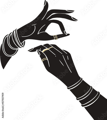 Elegant black and white illustration of two hands adorned with rings and bracelets