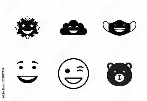 Collection of six different smiling face icons silhouette