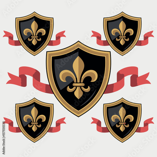 Elegant Heraldic Shields Design with Dog Illustration in Various Colors and Fonts