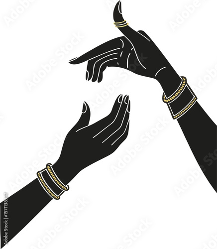 Elegant illustration of two stylized hands with gold jewelry reaching towards each other on white