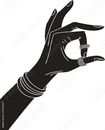 Elegant black and white hand silhouette with rings and bracelets on white background