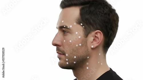 Man with Facial Motion Capture Markers Rotates Head on White Background.