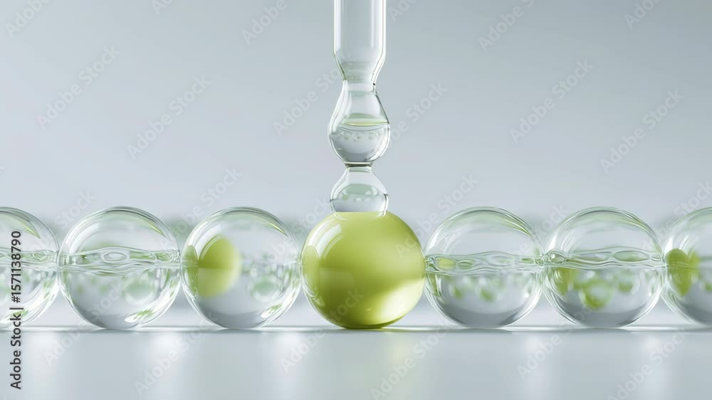 A green ball is in the middle of a row of clear balls. A drop of water is falling on the green ball