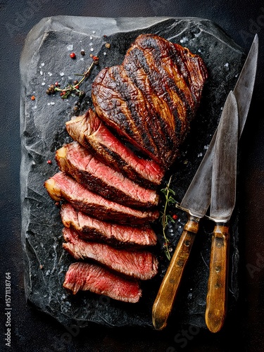 Juicy Medium-Rare Steak with Herbs on Slate Platter