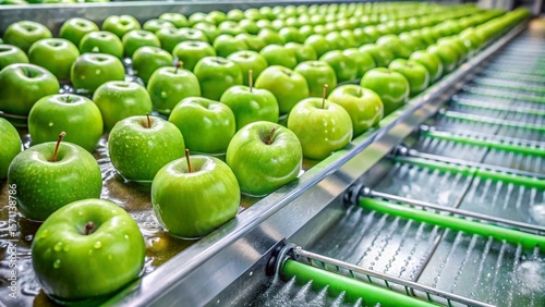 Rows of fresh green apples processed on conveyor belt system in food production facility