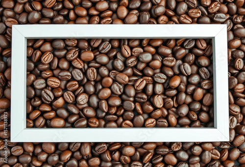 Empty white frame on rich roasted coffee bean background; ample copy space,  brown tones,  white