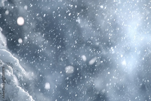 Snow flurry against a frosted mountain