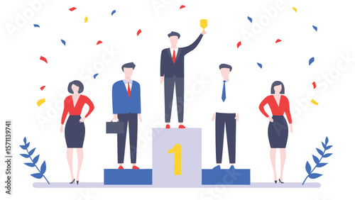 People celebrating on a podium with confetti falling down and a trophy being held by the winner