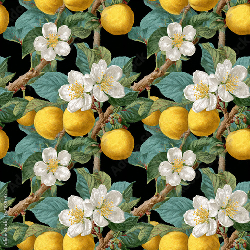 seamless, tile, background, wallpaper, repeating pattern, flowers, botanical, fruits, natural, traditional, fabric pattern