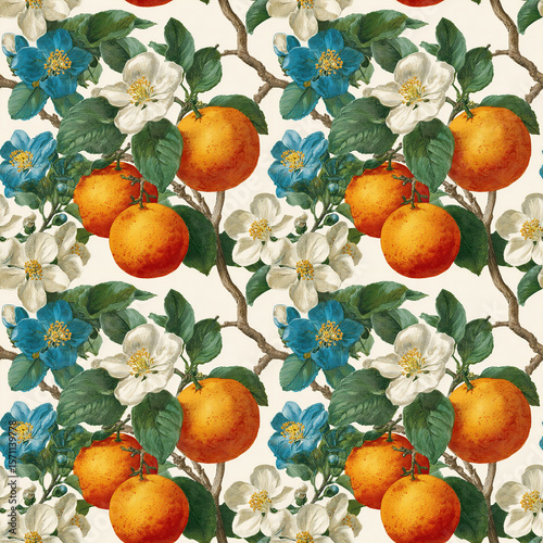 seamless, tile, background, wallpaper, repeating pattern, flowers, botanical, fruits, natural, traditional, fabric pattern
