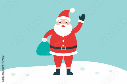santa claus with gift bag waving in the snow