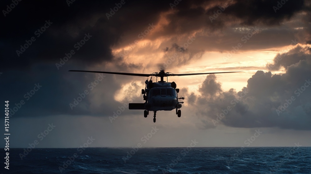 Fototapeta premium High above the ocean the silhouette of a helicopter is captured against a backdrop of dark storm clouds as it prepares for a critical evacuation operation from a ship battling rough