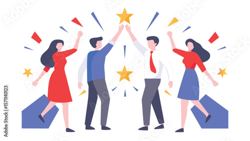 Illustration of two women and two men high fiving under stars and confetti celebrating success