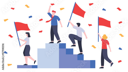 People celebrating success on a podium with flags and confetti, reaching the top and achieving goals