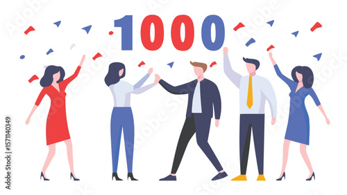 Group of people celebrating achievement with confetti and the number thousand in the background