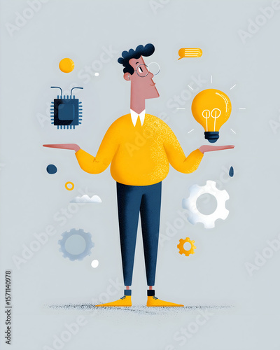 A man balances a microchip and a glowing light bulb, symbolizing innovation and technology amidst gears and creative elements.