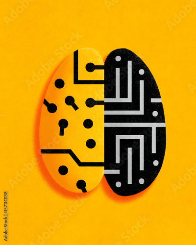 A stylized brain illustration split in half, featuring circuitry on a yellow and black background, symbolizing technology and artificial intelligence.