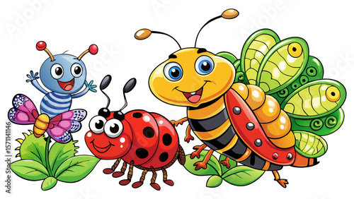 Cute cartoon ladybug bee, butterfly, caterpillar, ant isolated on a white background
