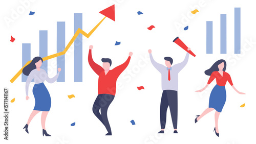 Illustration of happy people celebrating success with a rising graph and confetti around them