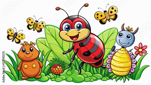 Cute cartoon ladybug bee, butterfly, caterpillar, ant isolated on a white background