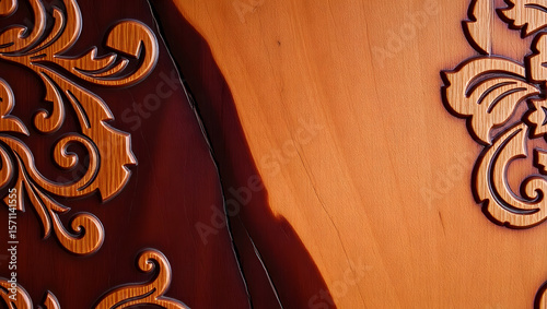 Artistic Carvings on Timber: An artistic close-up reveals exquisite carvings on a wooden surface, displaying a blend of textures and artistic elements, reflecting craftsmanship and aesthetic design.