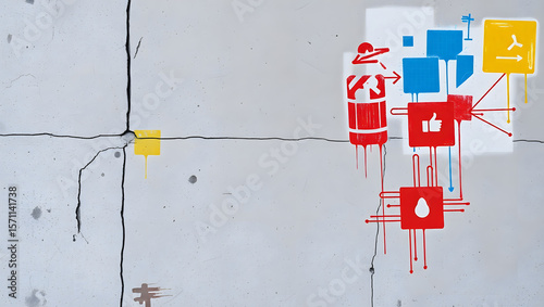 Urban Canvas: A weathered concrete wall adorned with vibrant, modern graphics and abstract design. The dynamic combination of the textures.