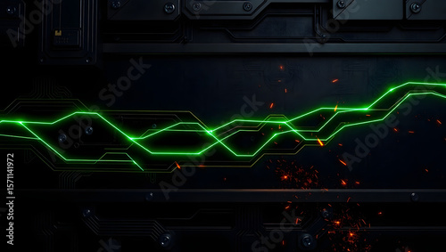 Futuristic Energy Grid: Glowing green energy pulses through a metallic grid in a dark industrial setting, evoking a sense of technological power and innovation.