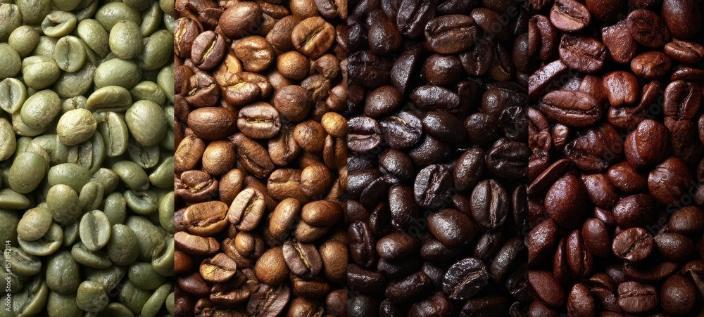 Fototapeta premium The Variety of Coffee Beans Displayed in Four Distinct Roasting Levels