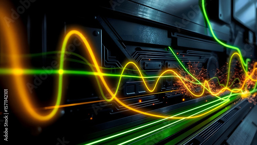 Network Flow: A vibrant, futuristic depiction of data transfer. Energy streaks weave and pulse, illustrating the invisible network flow of information within the structure.