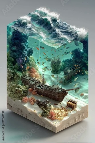Isometric biodome of a sea environment featuring aquatic life coral structures and oceanic terrain enclosed in a futuristic glass habitat
