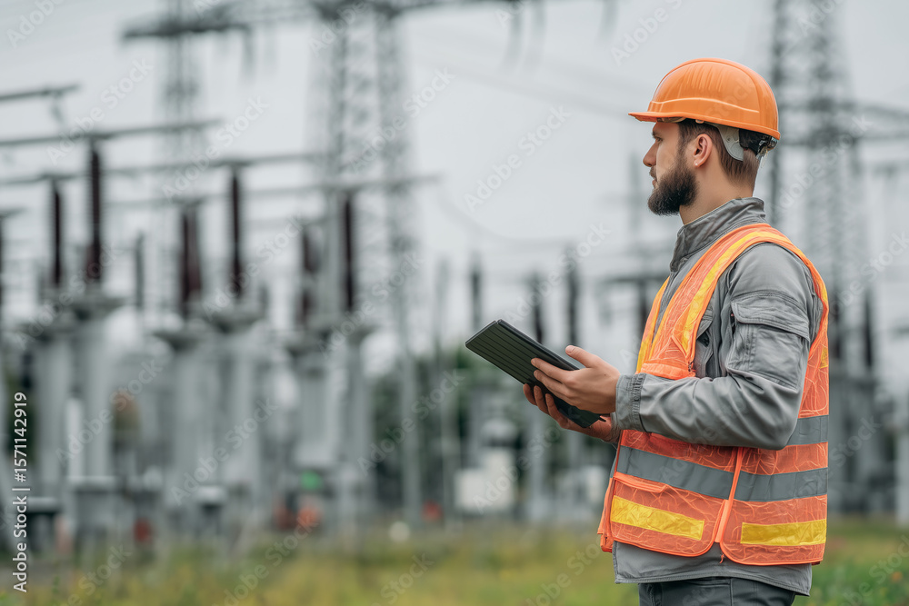 Obraz premium An electrical engineer inspecting a power substation in the field, wearing a hard hat and reflective vest, holding a tablet, high-voltage towers in the background