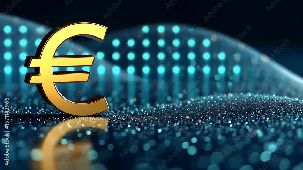 Golden euro currency symbol on a glimmering blue surface with reflective sparkles and bokeh light, footage.