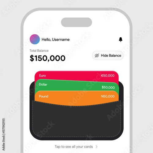 Mobile wallet UI. Mobile banking fintech interface. Financial wallet with card stack. Digital money balance screen. Multi-currency finance dashboard. Euro, Dollar, Pound account. Vector Illustration