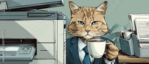 A cat in a suit holding a coffee cup next to a printer and document holder at work