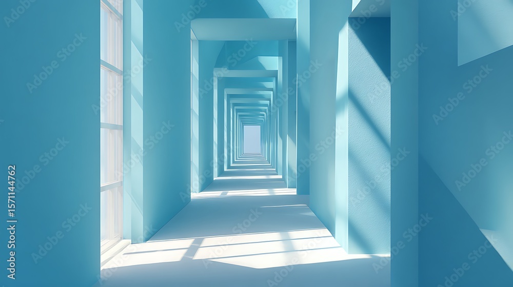 Obraz premium A modern blue minimalist corridor with geometric shapes and bright natural lighting .
