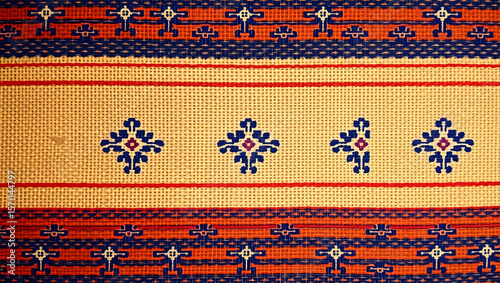 Intricate Textile Artistry: Captivating the beauty of traditional textile craftsmanship, this close-up shot unveils a tapestry of rich colors and intricate patterns.