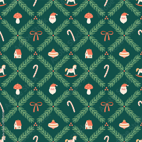 Vintage seamless Christmas pattern with Santa, ornaments, rocking horse, candy canes and fir branches on green background