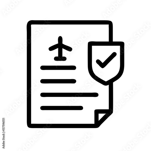 Travel insurance document icon displaying trip security, confirmation of coverage for flight, and a shield with checkmark. Comprehensive travel insurance document ensures protection.