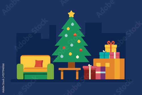 Cozy Living Room With A Decorated Christmas Tree And Stockings