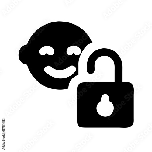 Child lock symbol design, padlock positioned in front of a child's face. Child lock ensures safety for children.