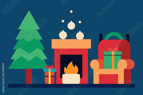 Christmas Illustration Of A Fireplace In The Middle Of A Wall