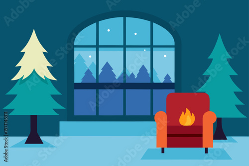Christmas Living Room Interior With Large Window And Tree