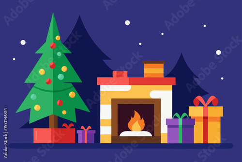 Christmas Eve Living Room Scene With Burning Fireplace