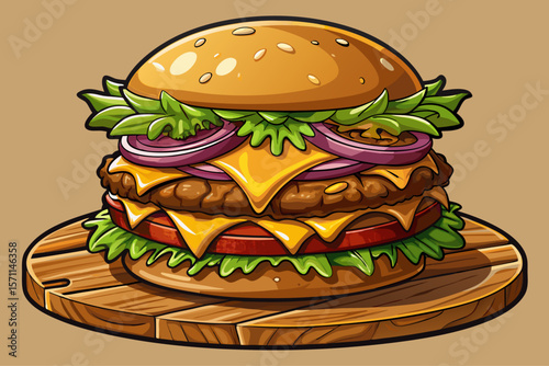 vector of Juicy double cheeseburger with melted cheese and caramelized onions on toasted bread...wooden fast food bowl.