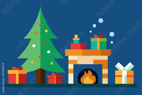 Christmas Eve Living Room Scene With Burning Fireplace
