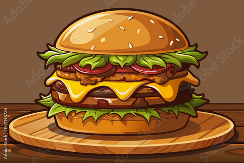 vector of Juicy double cheeseburger with melted cheese and caramelized onions on toasted bread...wooden fast food bowl.