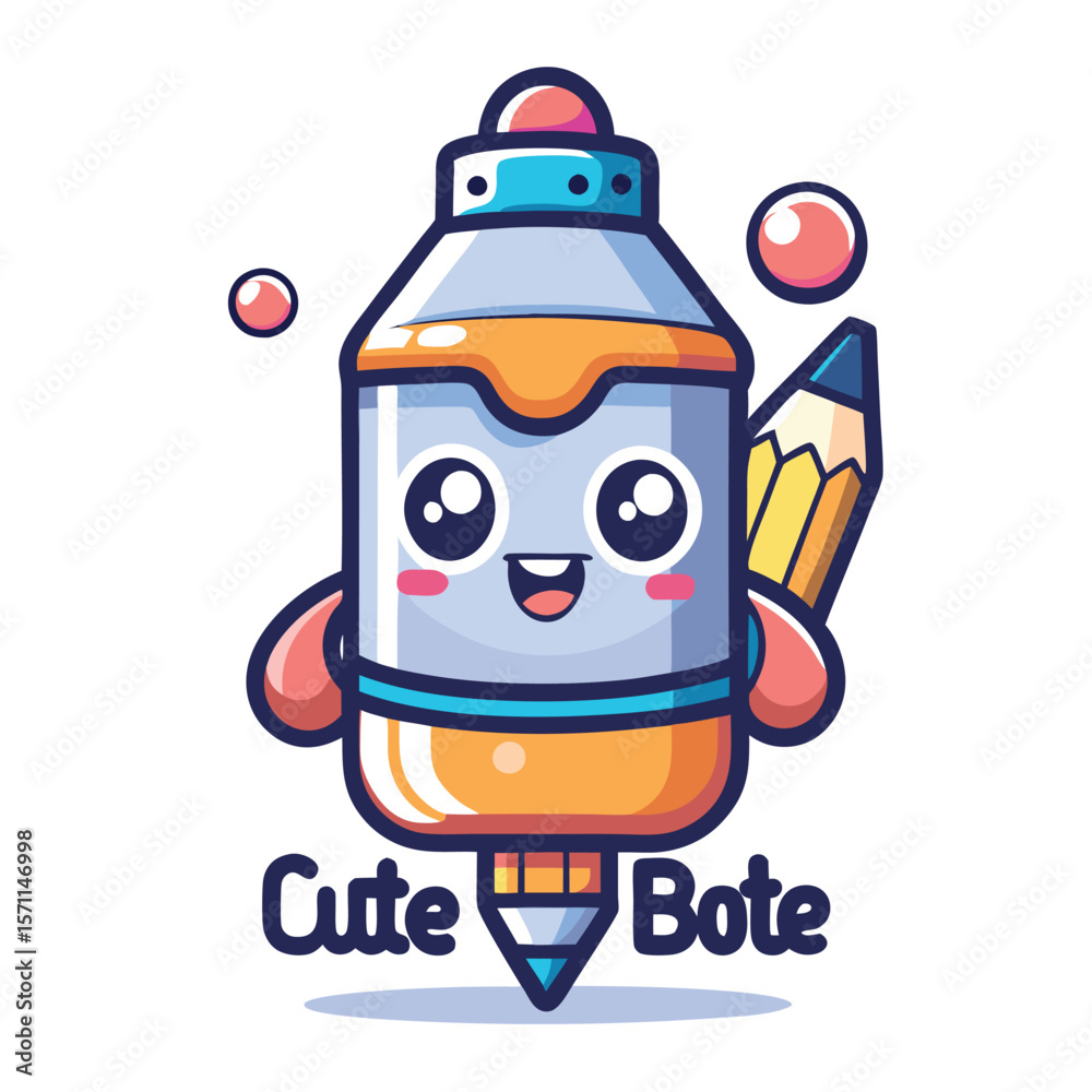 Fototapeta premium Cute bottle with a pencil, happy expression